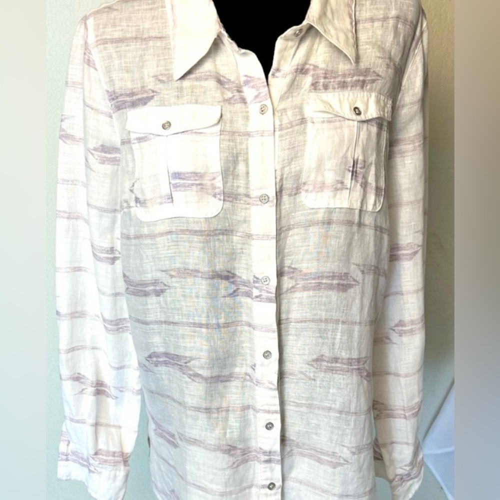💜Nurture by Lamaze White & Purple Sheer 100% Linen Button Down 2 Pockets Size M